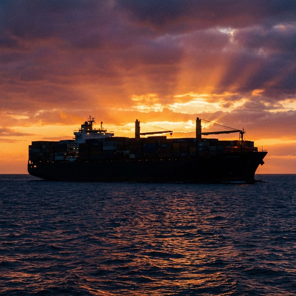 Cargo Ship at Sunset